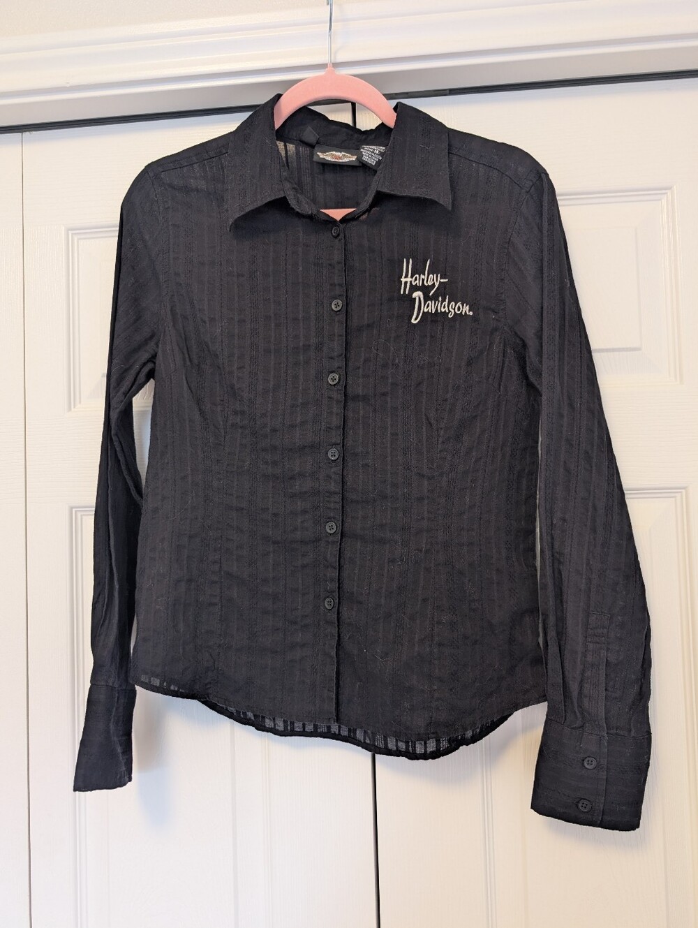 Harley Davidson 100% Cotton Black Lace Button Down Collard Shirt Women's Sz M